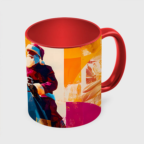 Кружка цветная Дед Мороз на коне / 3D-Белый + красный – фото 1