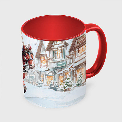 Кружка цветная Лошадка с упряжкой подарков / 3D-Белый + красный – фото 1