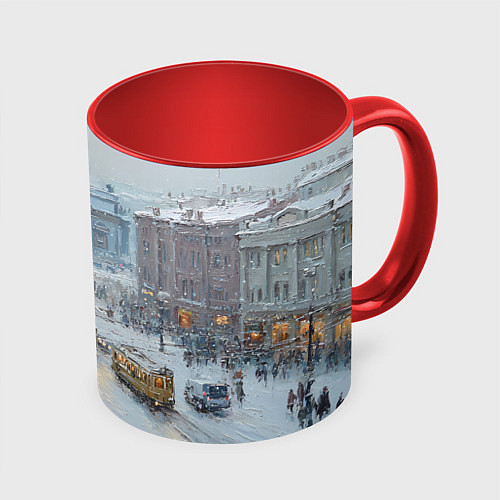 Кружка цветная Новогодняя улица Питера / 3D-Белый + красный – фото 1