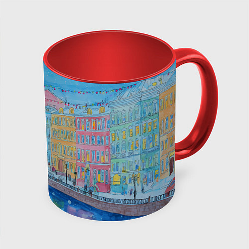 Кружка цветная Новогодний рисованный Санкт-Петербург / 3D-Белый + красный – фото 1