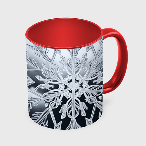 Кружка цветная Снежинка на черно белое / 3D-Белый + красный – фото 1