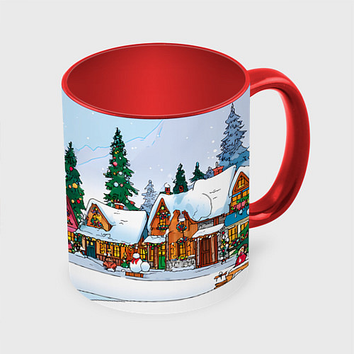 Кружка цветная Новогодник дворик / 3D-Белый + красный – фото 1