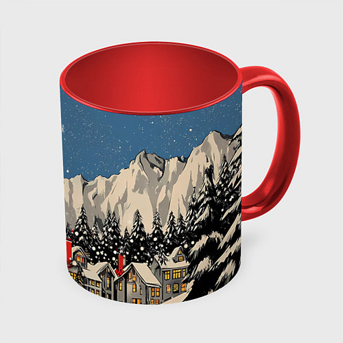 Кружка цветная Небольшой новогодний город в горах / 3D-Белый + красный – фото 1