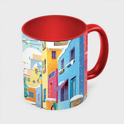 Кружка цветная Разноцветный новогодний дворик / 3D-Белый + красный – фото 1