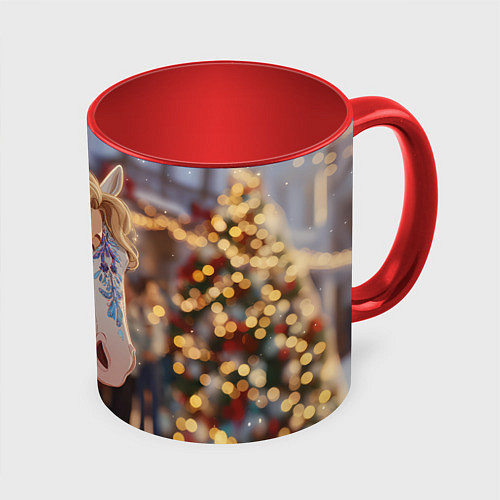 Кружка цветная Блондинка с новогодней лошадкой / 3D-Белый + красный – фото 1