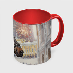 Кружка 3D Конь на фоне салюта, цвет: 3D-белый + красный