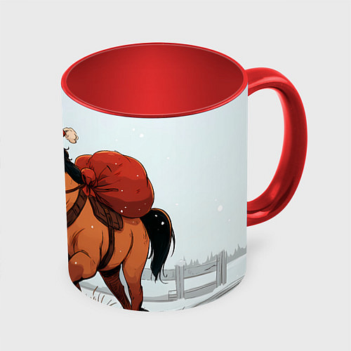 Кружка цветная Лошадка везет новогодние подарки / 3D-Белый + красный – фото 1