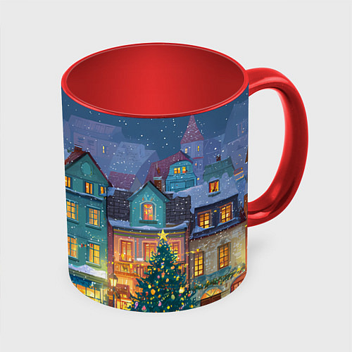 Кружка цветная Новогодний дворик / 3D-Белый + красный – фото 1