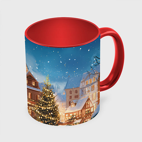 Кружка цветная Новогодний дворик и елка / 3D-Белый + красный – фото 1