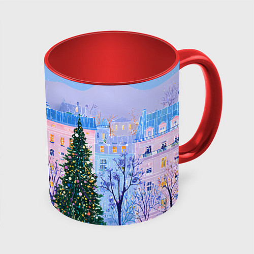Кружка цветная Новогодний двор / 3D-Белый + красный – фото 1