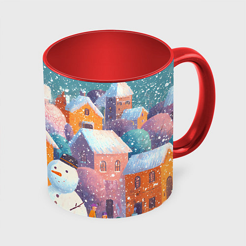Кружка цветная Дети во дворе лепят снеговика / 3D-Белый + красный – фото 1