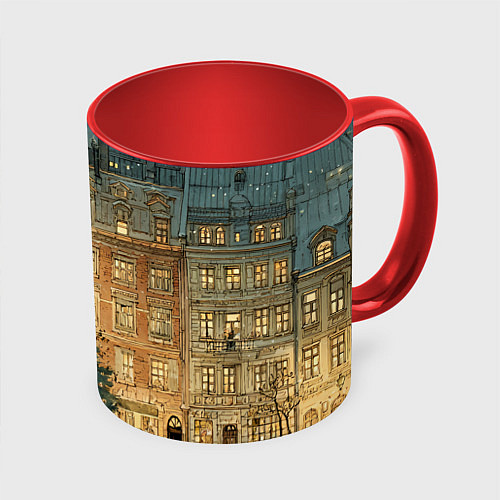 Кружка цветная Новогодний старый город / 3D-Белый + красный – фото 1