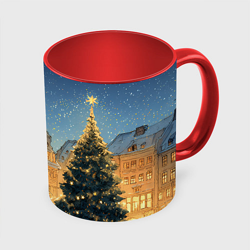 Кружка цветная Новый год в старом городе / 3D-Белый + красный – фото 1