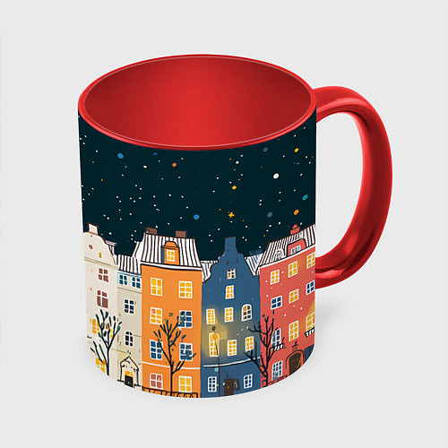 Кружка цветная Новогодняя ночь в городе / 3D-Белый + красный – фото 1