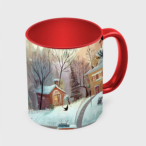 Кружка цветная Милый новогодний дворик / 3D-Белый + красный – фото 1