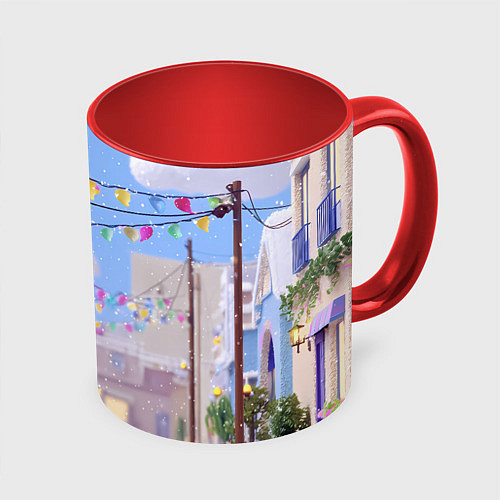 Кружка цветная Предновогодний праздничный дворик / 3D-Белый + красный – фото 1