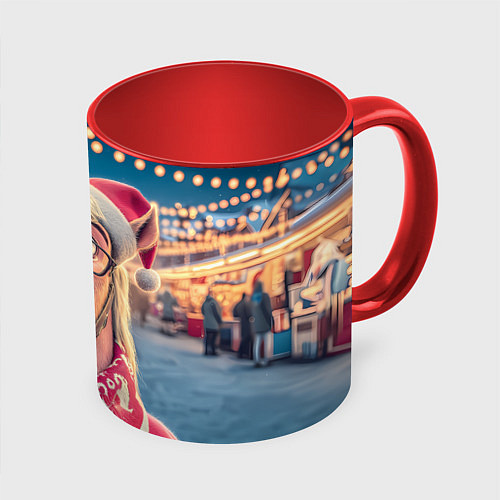 Кружка цветная Новогодний конь в очках / 3D-Белый + красный – фото 1