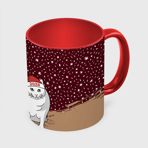 Кружка цветная Кот Бендер и ёлка / 3D-Белый + красный – фото 1
