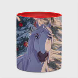 Кружка 3D Белая лошадь на фоне елки, цвет: 3D-белый + красный — фото 2
