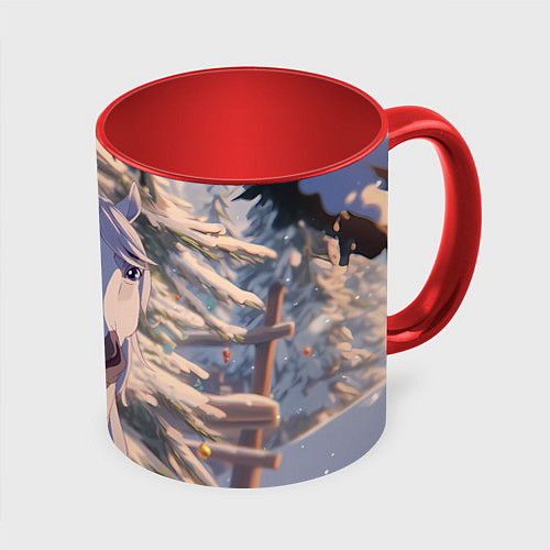 Кружка цветная Белая лошадь на фоне елки / 3D-Белый + красный – фото 1