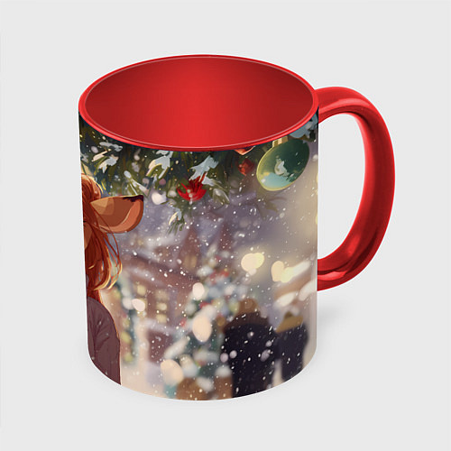 Кружка цветная Новогодняя аниме лошадка / 3D-Белый + красный – фото 1
