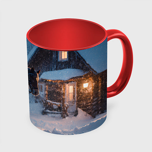 Кружка цветная Лошадь у избы / 3D-Белый + красный – фото 1