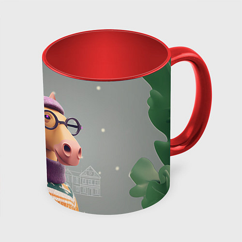 Кружка цветная Новогодняя лошадка хипстер / 3D-Белый + красный – фото 1