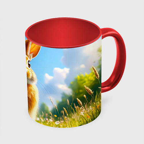 Кружка цветная Солнечный кролик на лугу / 3D-Белый + красный – фото 1