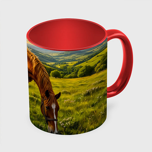 Кружка цветная Зелёные холмы и конь / 3D-Белый + красный – фото 1