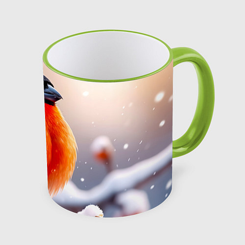 Кружка цветная Снегирь на зимней ветке / 3D-Светло-зеленый кант – фото 1