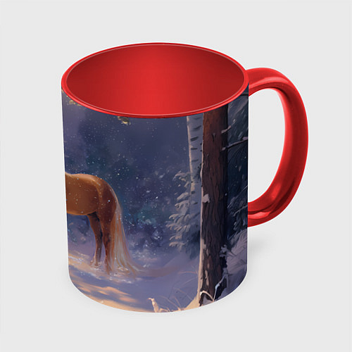 Кружка цветная Лошадка в новогоднем лесу / 3D-Белый + красный – фото 1