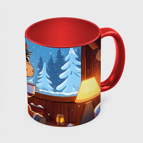 Кружка цветная Лошадка у камина / 3D-Белый + красный – фото 1