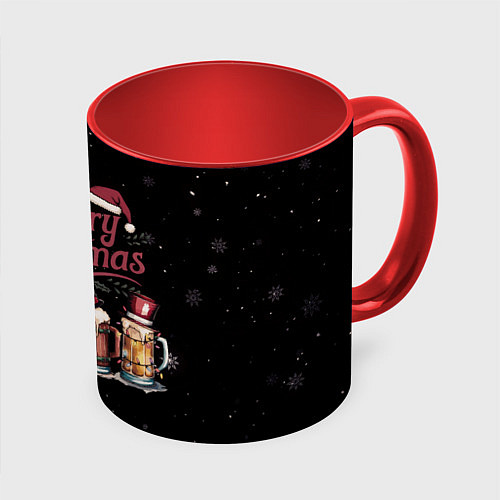 Кружка цветная Кружки пива в новогодних шапках / 3D-Белый + красный – фото 1