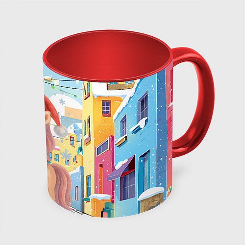 Кружка цветная Лошадка с новогоднем венком / 3D-Белый + красный – фото 1