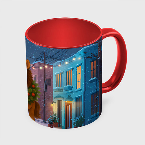 Кружка цветная Лошадка с новогоднем венком 2026 / 3D-Белый + красный – фото 1