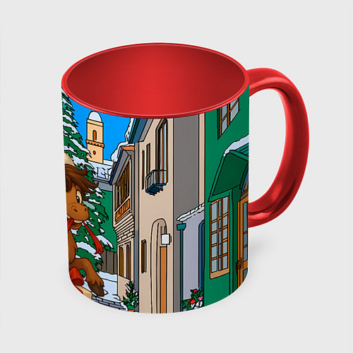 Кружка цветная Лошадка распаковывает новогодний подарок / 3D-Белый + красный – фото 1