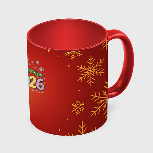 Кружка цветная Новогодняя лошадка 2026 на красном фоне / 3D-Белый + красный – фото 1