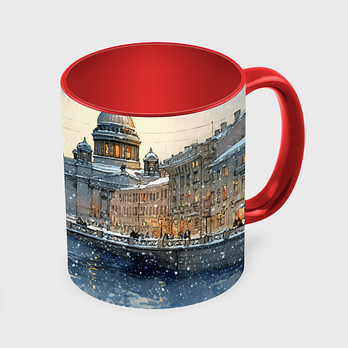 Кружка цветная Санкт-Петербург снежный день / 3D-Белый + красный – фото 1