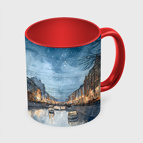 Кружка цветная Санкт-Петербург зимний город / 3D-Белый + красный – фото 1