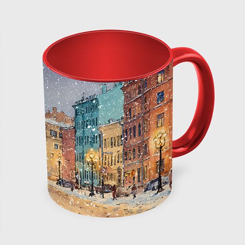 Кружка цветная Санкт-Петербург - снегопад / 3D-Белый + красный – фото 1