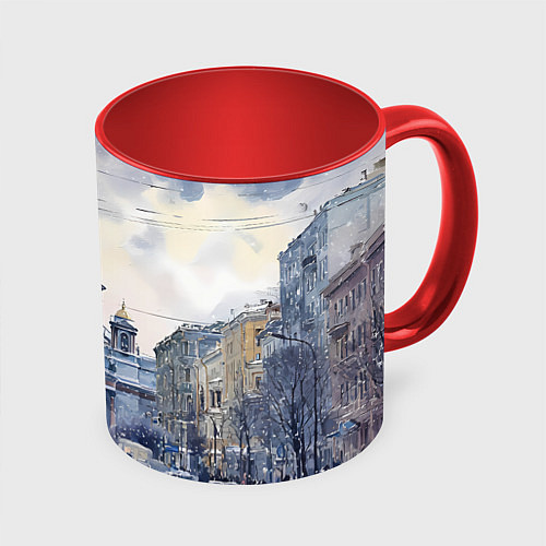 Кружка цветная Санкт-Петербург зимний город / 3D-Белый + красный – фото 1
