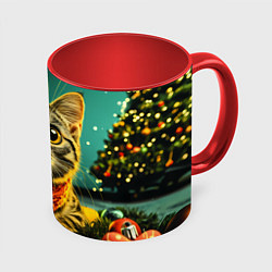 Кружка цветная Удивленный новогодний котик