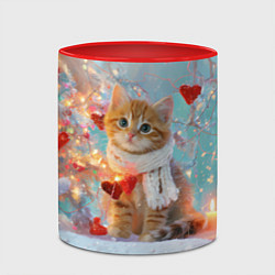 Кружка 3D Рыжий новогодний котенок с сердечком, цвет: 3D-белый + красный — фото 2
