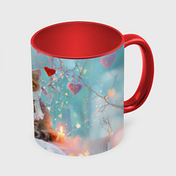 Кружка 3D Рыжий новогодний котенок с сердечком, цвет: 3D-белый + красный