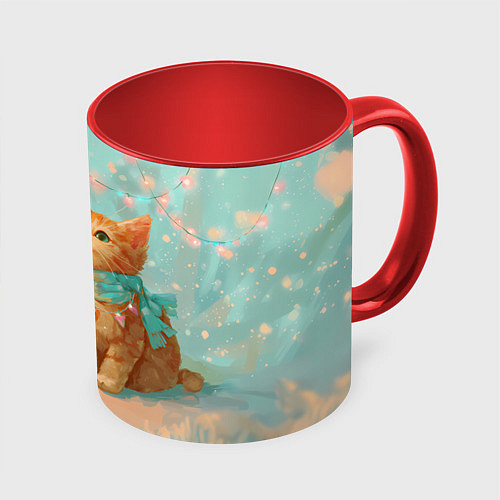 Кружка цветная Милый рыжий котенок любуется елкой / 3D-Белый + красный – фото 1
