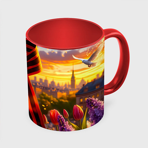 Кружка цветная Символы Победы: лента, голуби, салют / 3D-Белый + красный – фото 1