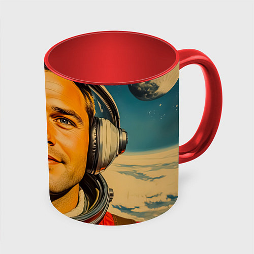 Кружка цветная Космический взгляд в наушниках / 3D-Белый + красный – фото 1