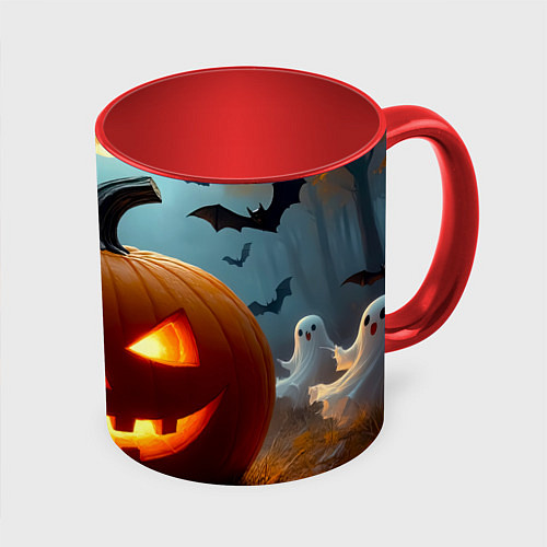 Кружка цветная Хэллоуинский лес с тыквой / 3D-Белый + красный – фото 1
