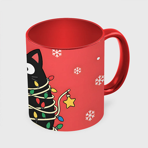 Кружка цветная Котик в гирлянде / 3D-Белый + красный – фото 1