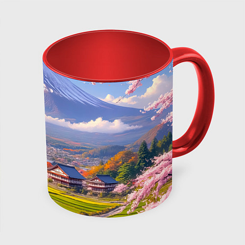 Кружка цветная Сакура у подножия Фудзиямы / 3D-Белый + красный – фото 1